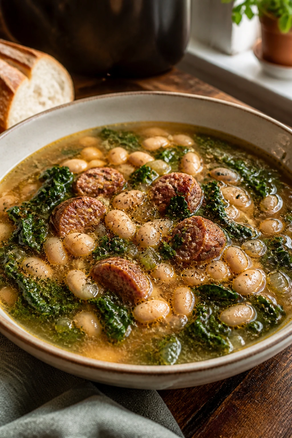 Close-up of a wide shallow bowl of sausage and white bean soup with greens.