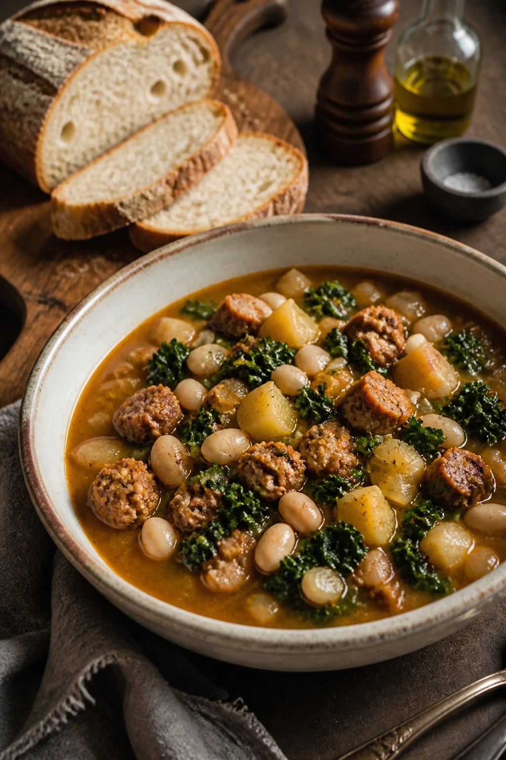 Hearty bowl of sausage soup with bread on the side.