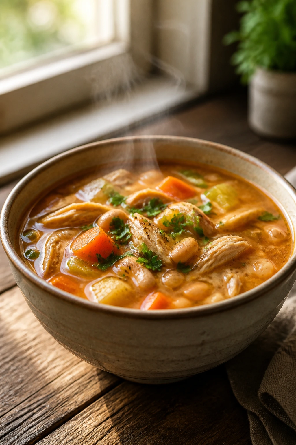 Steaming bowl of soup on rustic wooden table