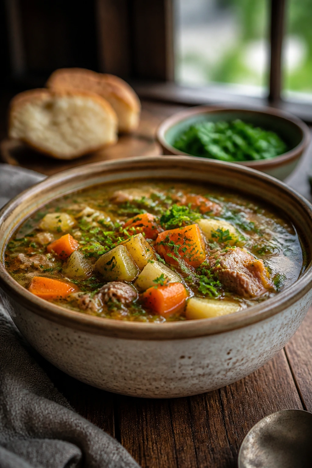 Rustic bowl of hearty soup with chunky vegetables on a wooden table