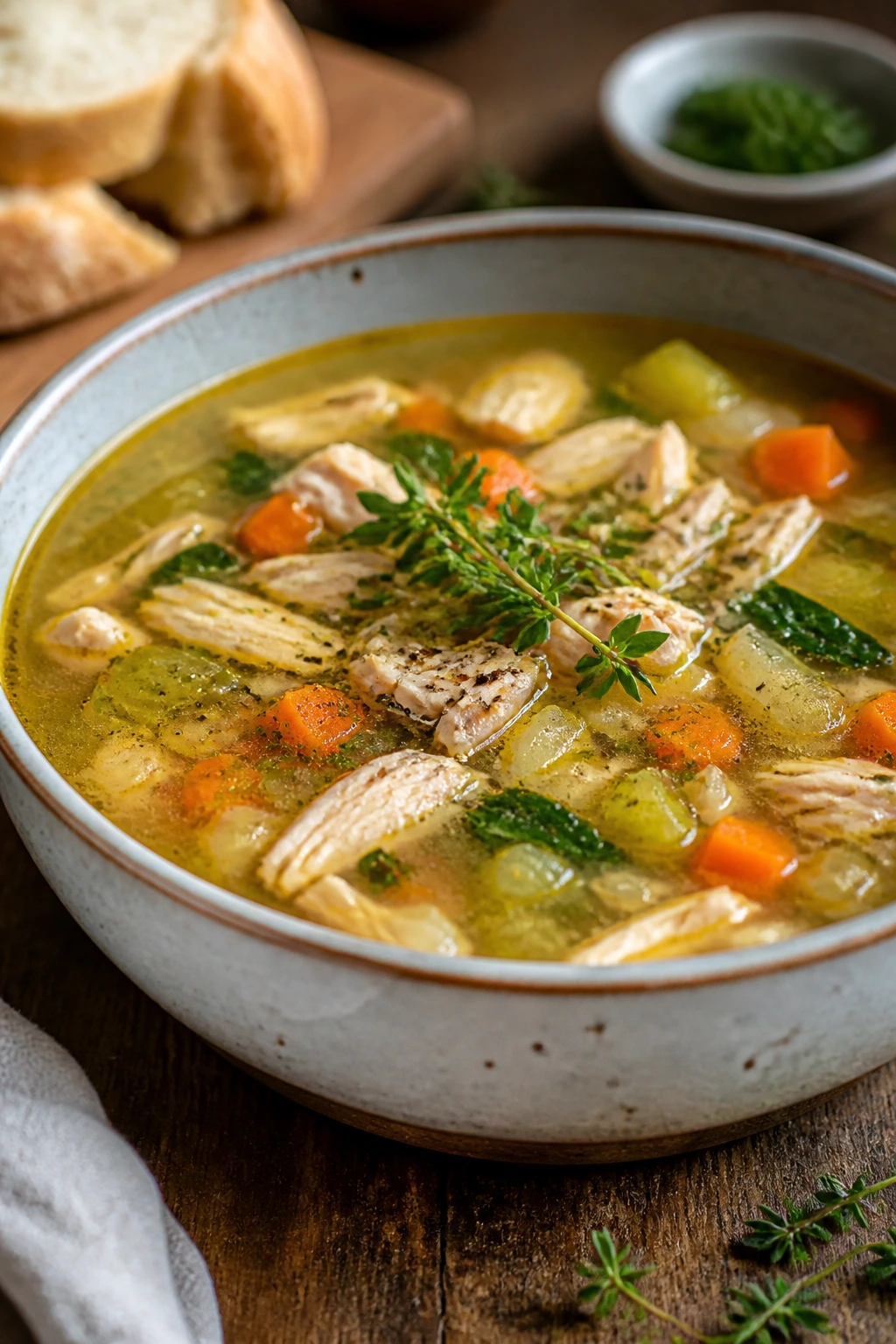 Close-up of a soup bowl with garnish on a wooden table