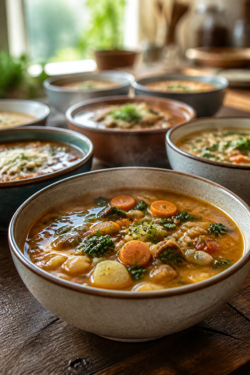 Close-up of several steaming bowls of hearty soup on a rustic wooden table