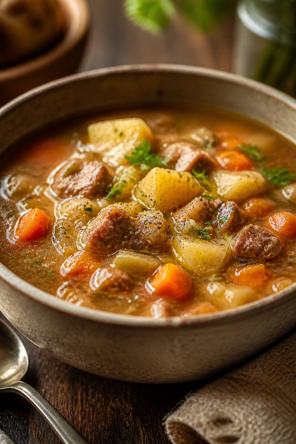Steaming bowl of soup filling the frame on a wooden table