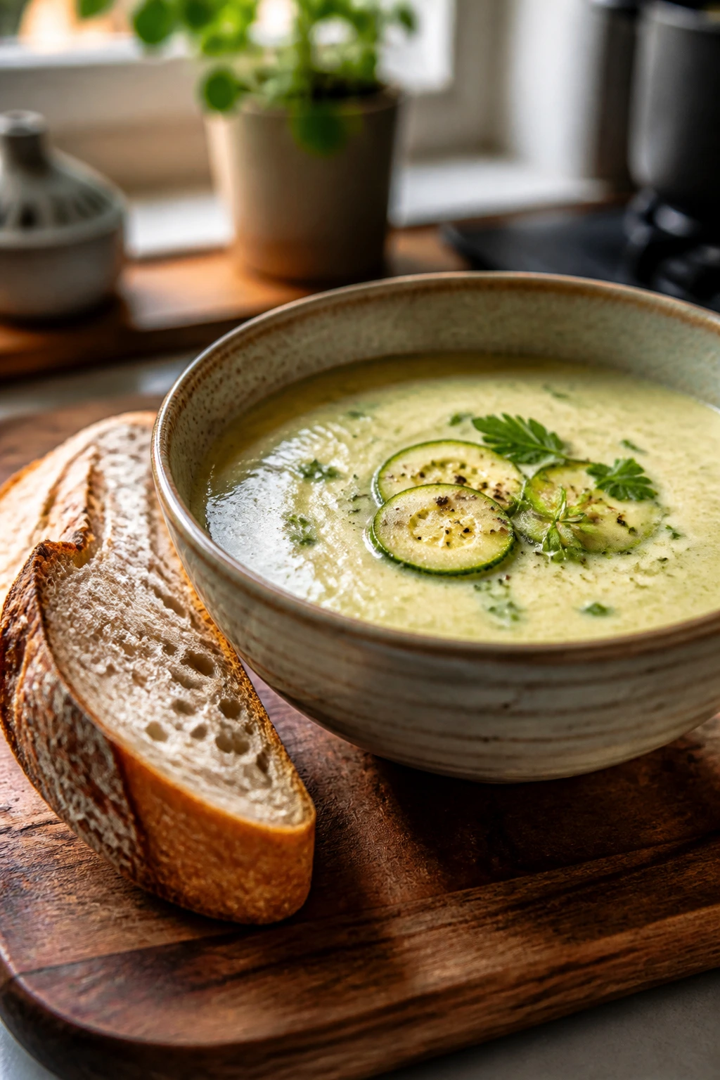 Soup bowl with crusty sourdough bread beside it