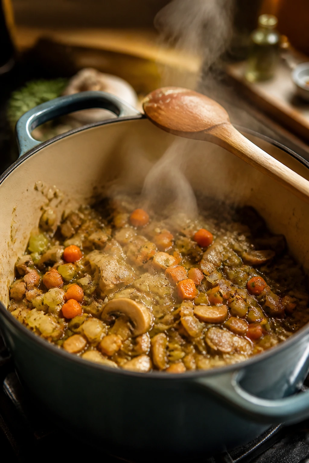Pot on stove with browning onions and vegetables