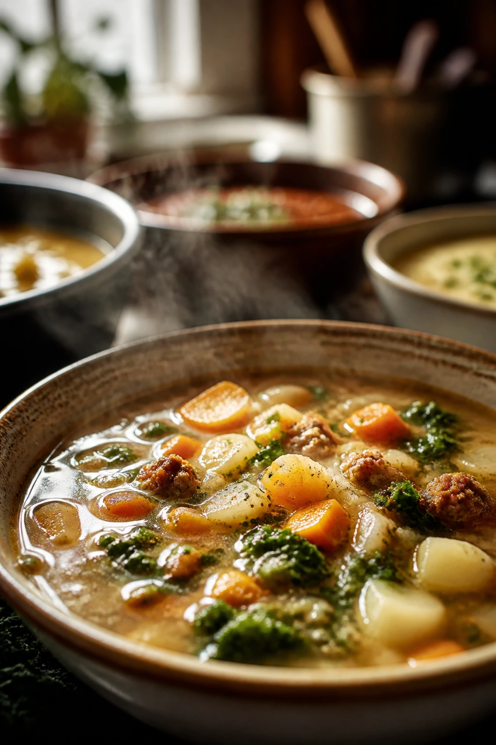 Steaming bowl of hearty soup in a cozy kitchen, suggesting a collection.