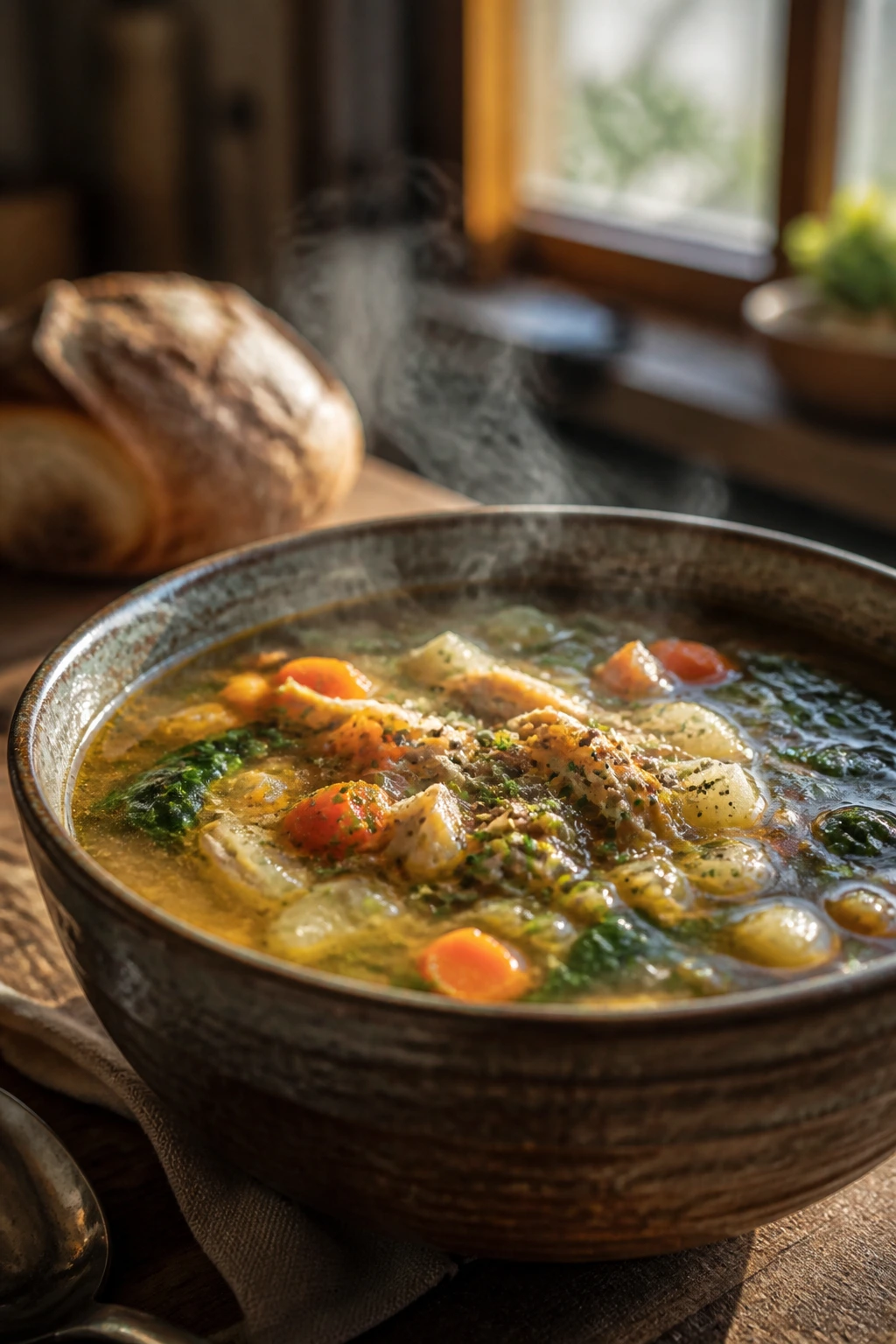 Steaming bowl of soup in a cozy kitchen on a wooden table