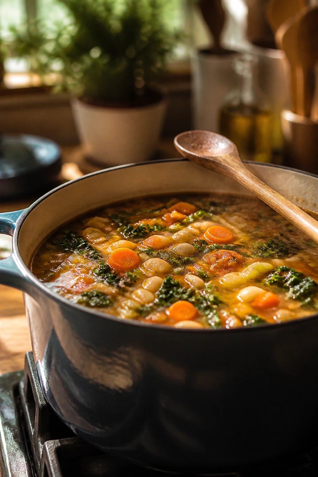 Large pot of healthy soup simmering in a cozy kitchen with steam.