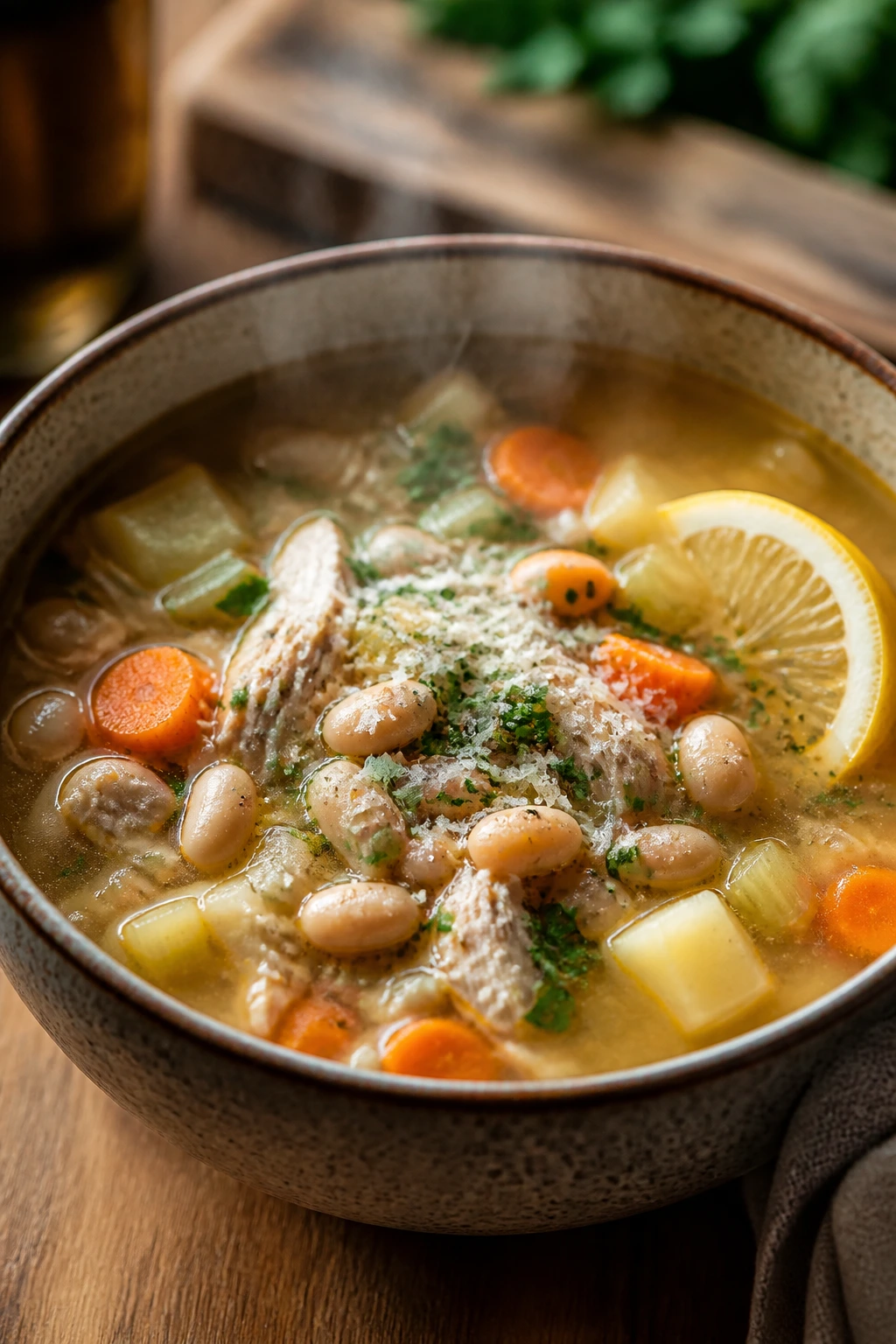 Steaming bowl of hearty soup on a rustic table ready to serve.