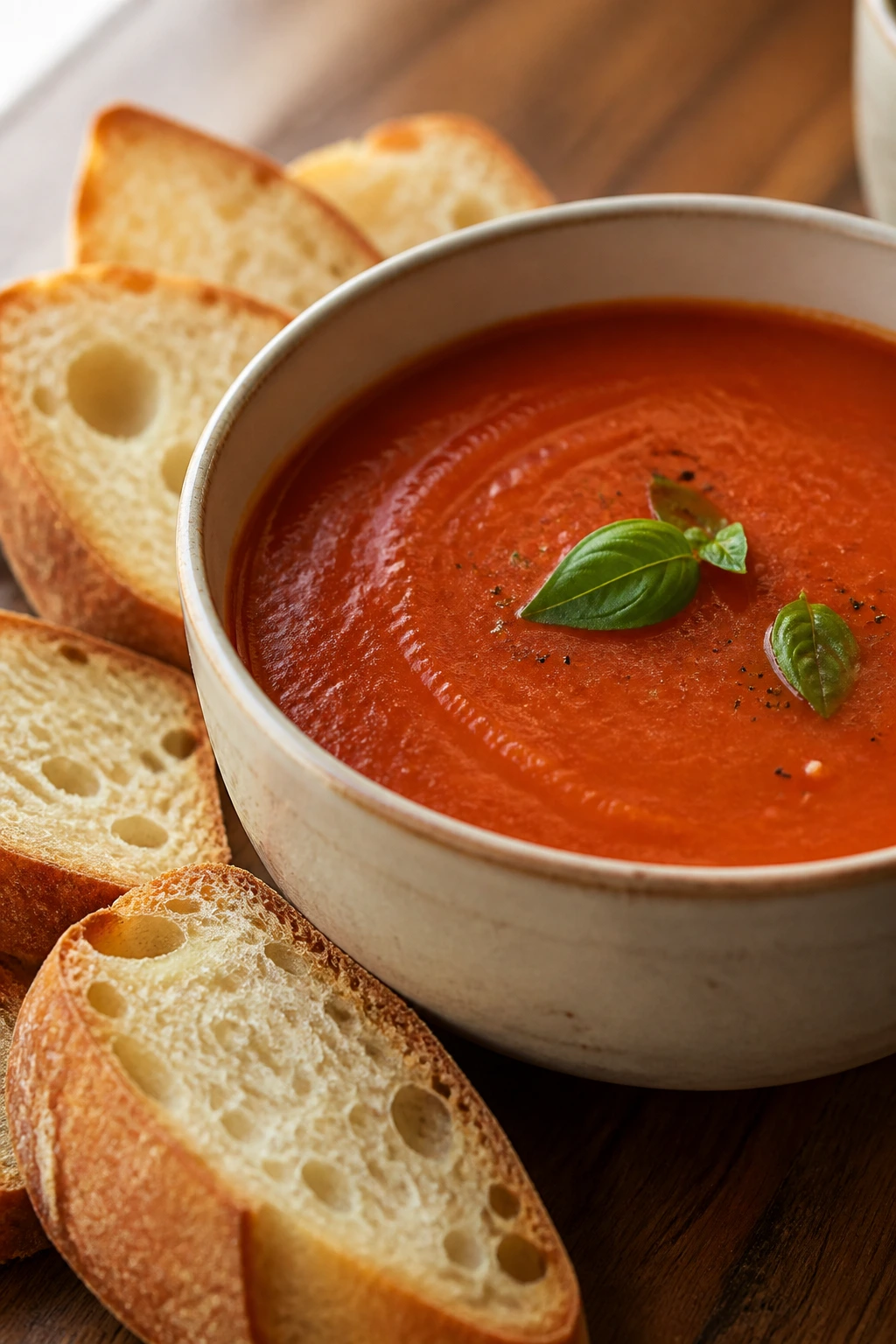 Bowl of tomato soup with bread for dipping