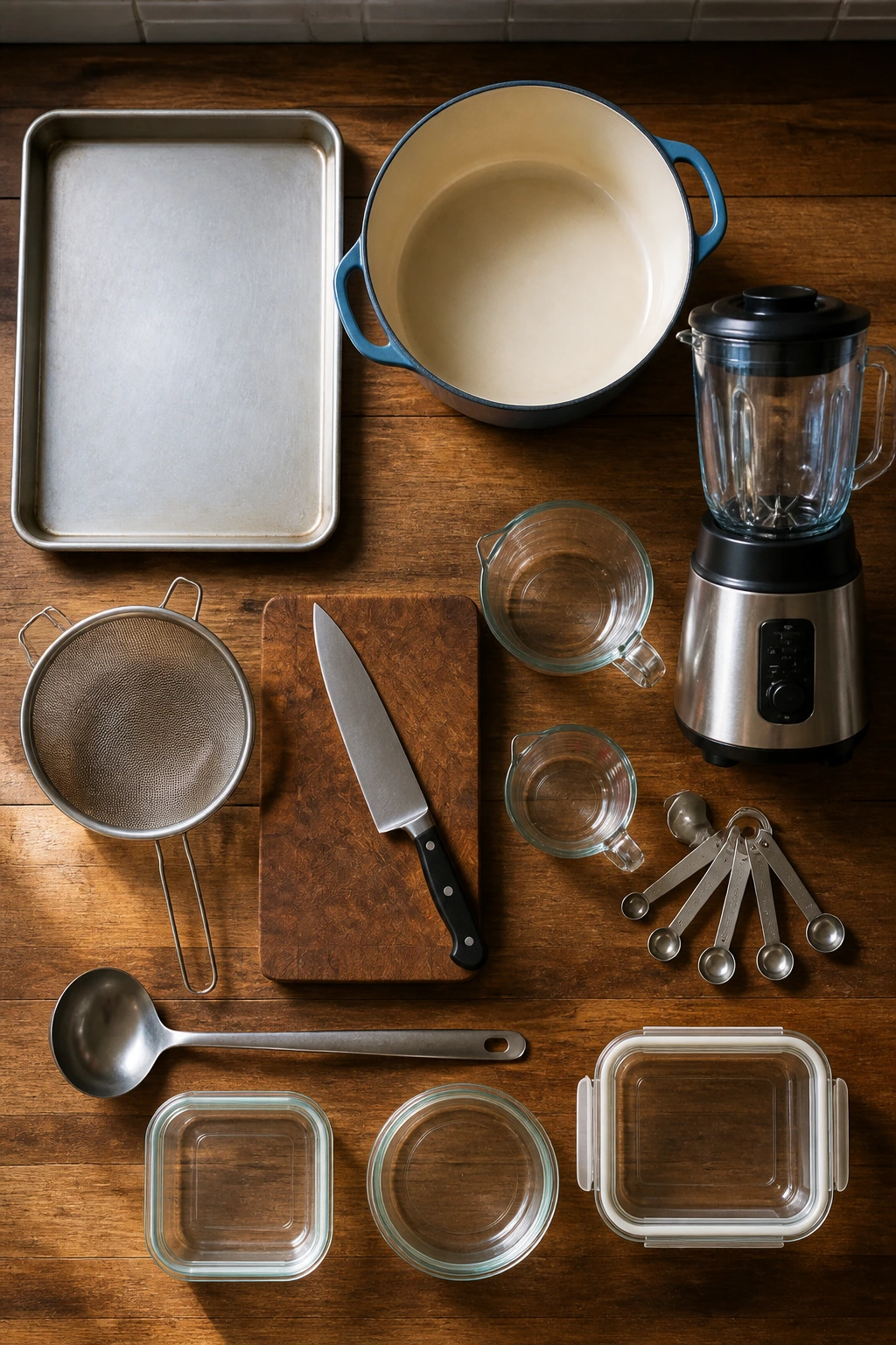 Top-down view of equipment for silky soup finish arranged on counter