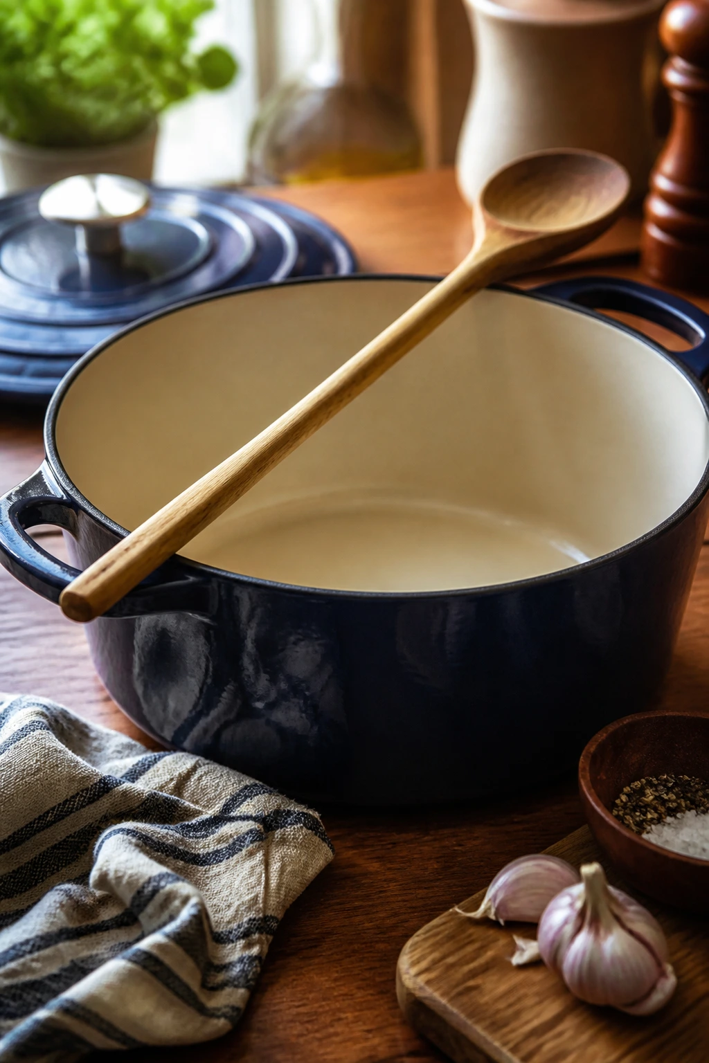 Close-up of a Dutch oven on a wooden counter with a wooden spoon.