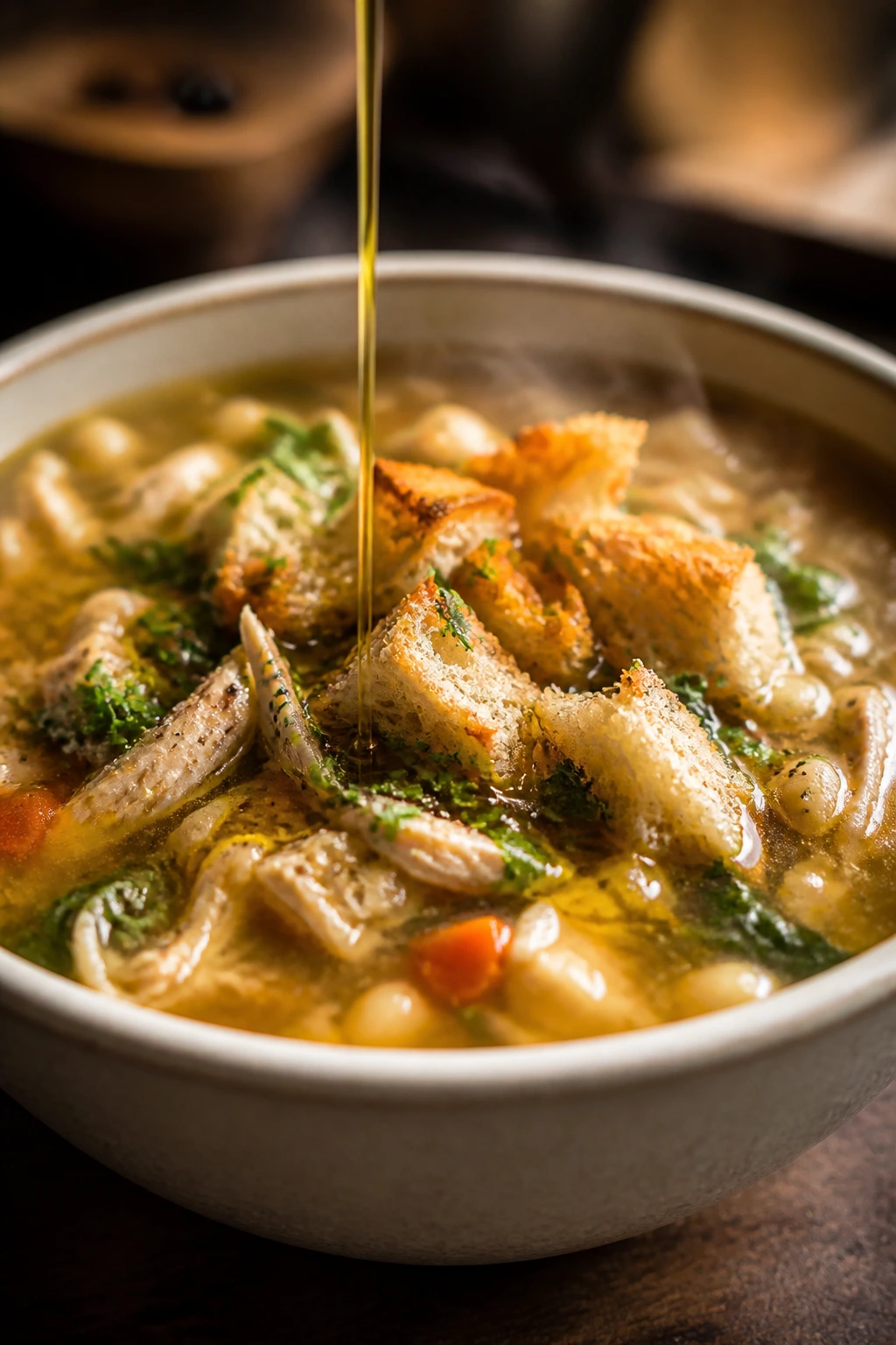 Close-up of a finished soup bowl with oil drizzle and herb garnish.