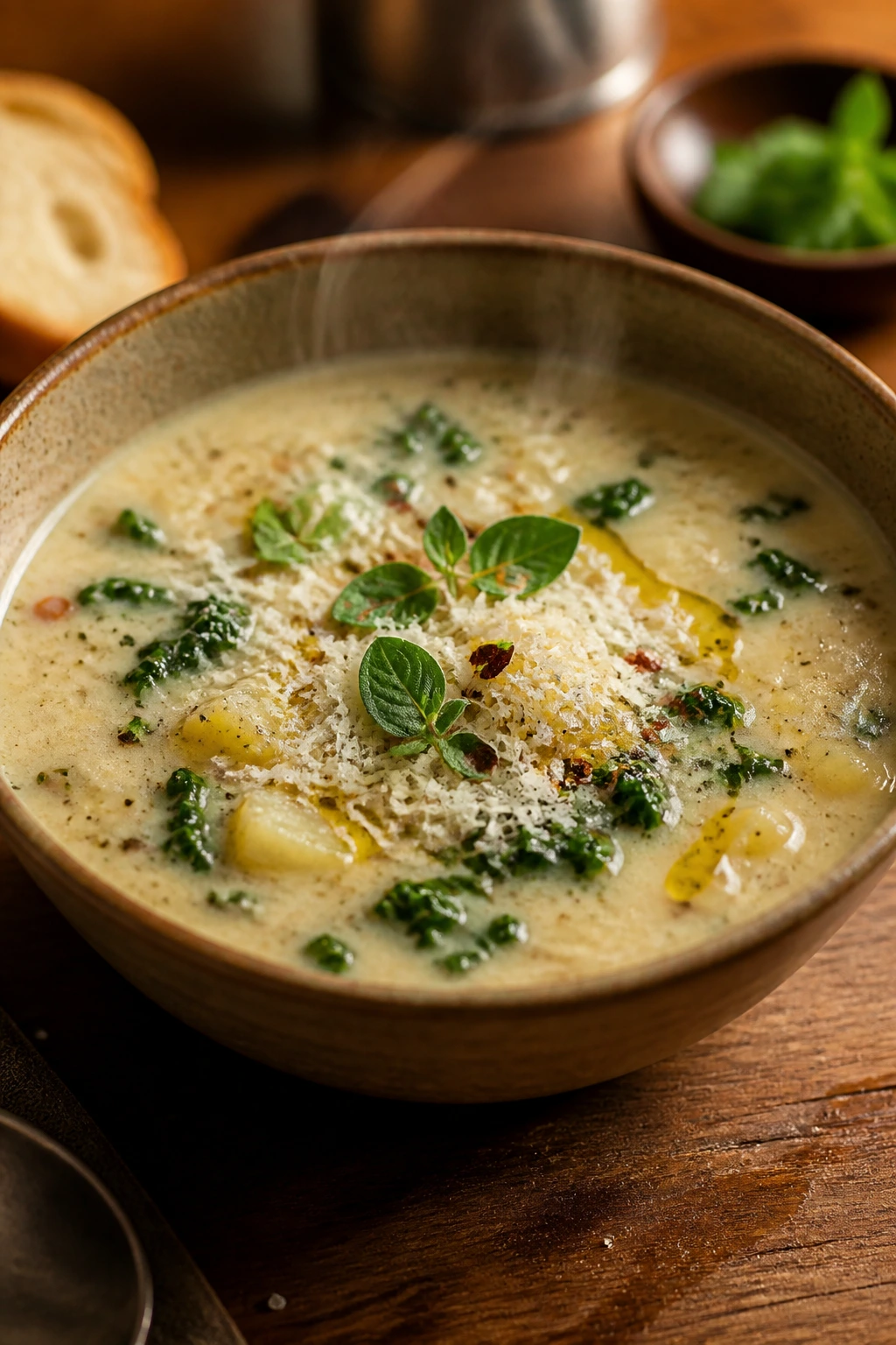 Close-up of a steaming soup bowl with herbs and cheese as flavor boosters