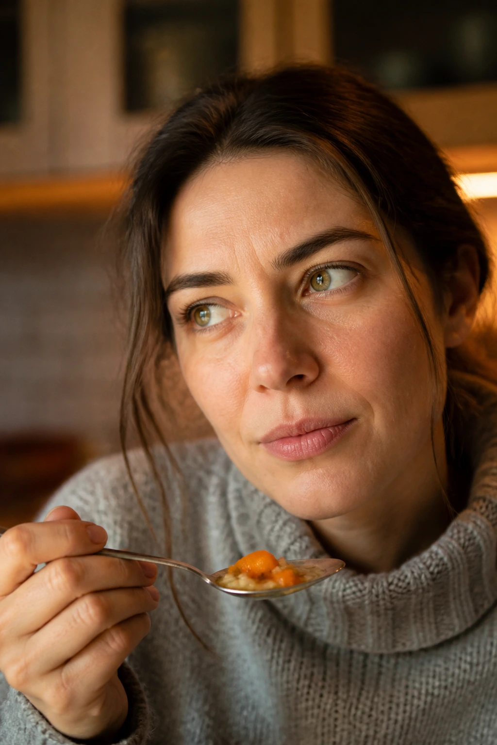 Real person in a kitchen thinking about improving soup flavor while holding a spoon