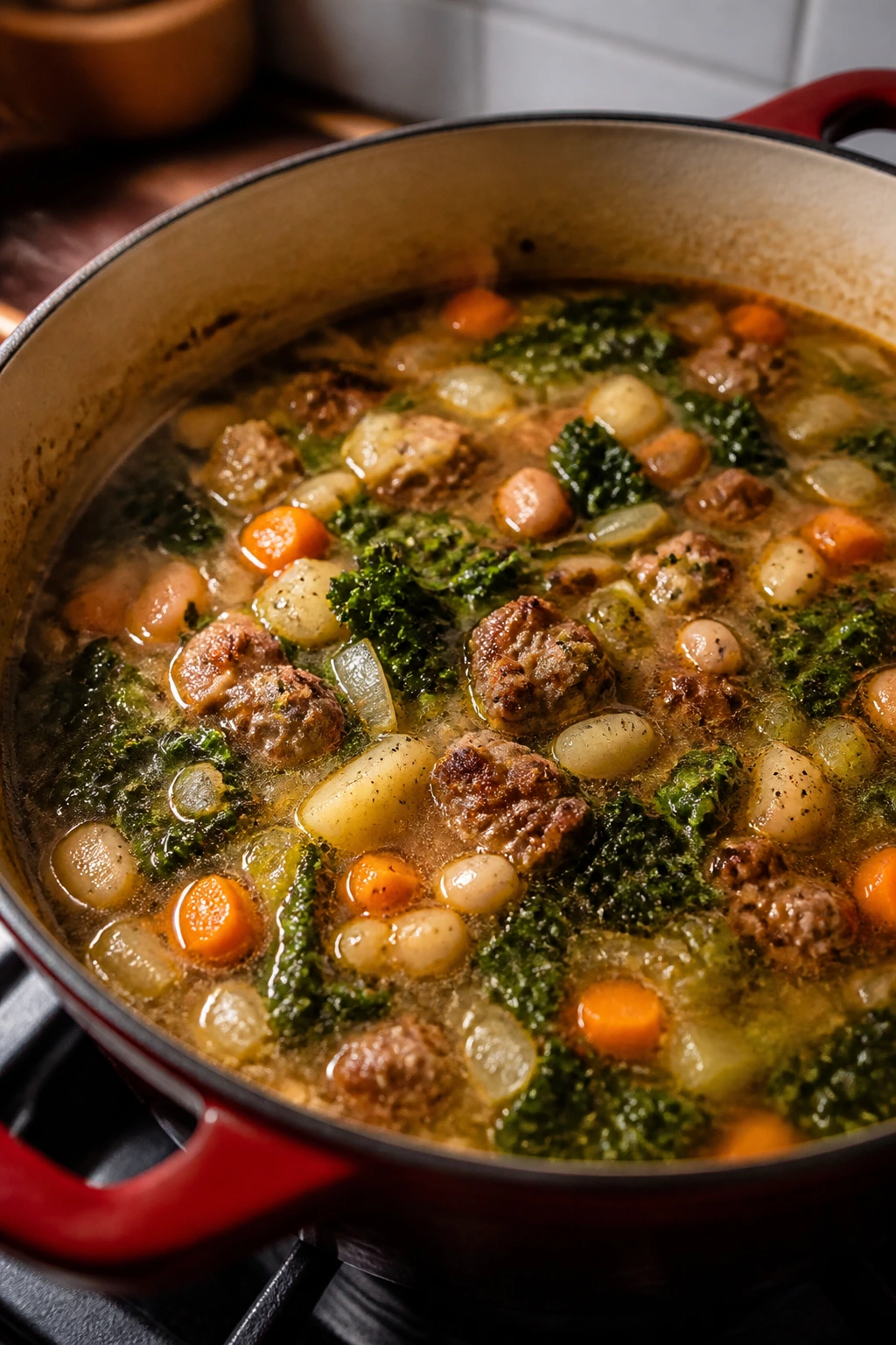 Simmering sausage soup in a pot with sausage, vegetables, and kale visible.