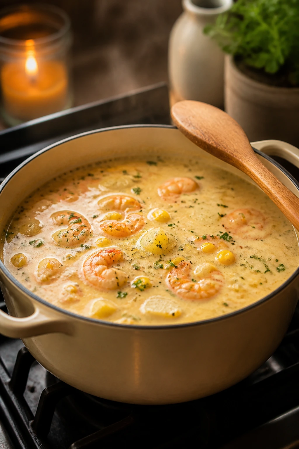 Medium close-up of a simmering chowder pot on a stove in a warm kitchen