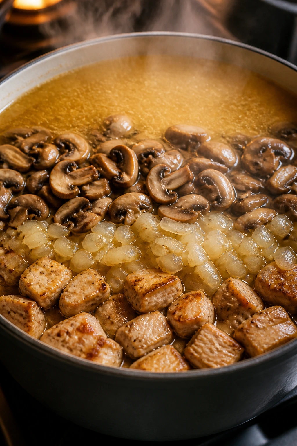Close-up of a pot showing layered ingredients forming the soup base.