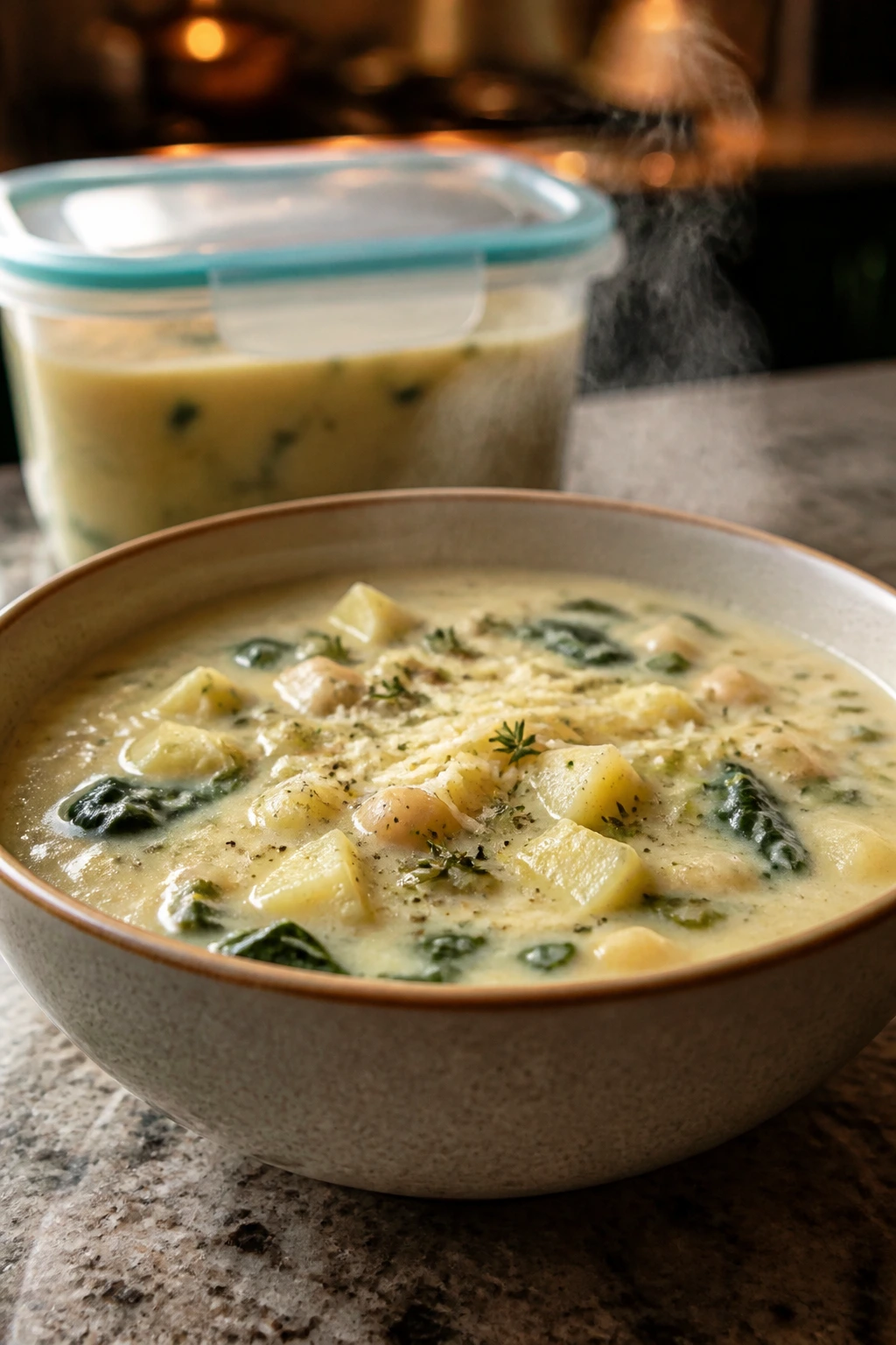 Creamy soup in a bowl with a blurred storage container in the background