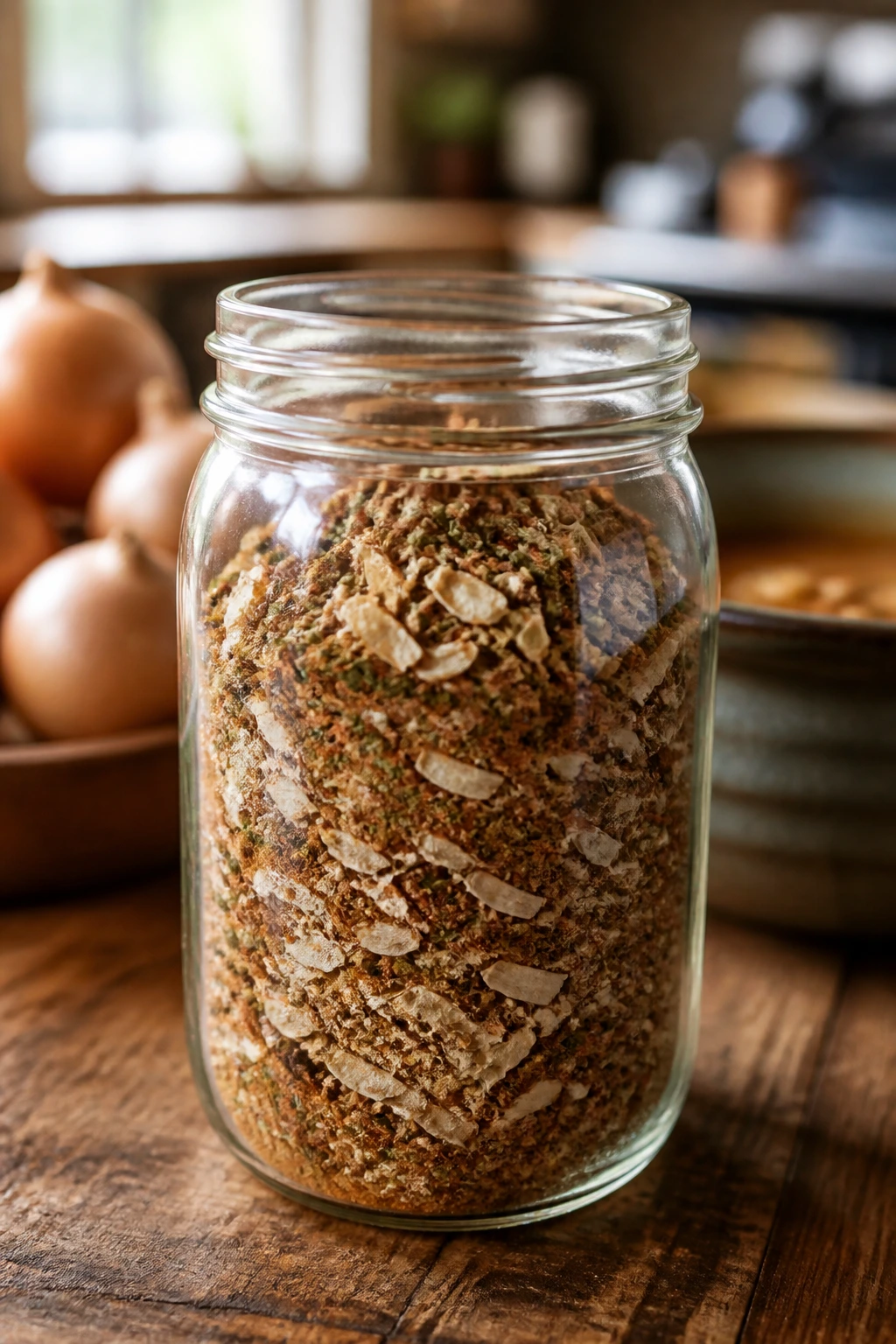 Jar of smoky onion soup mix on wooden counter