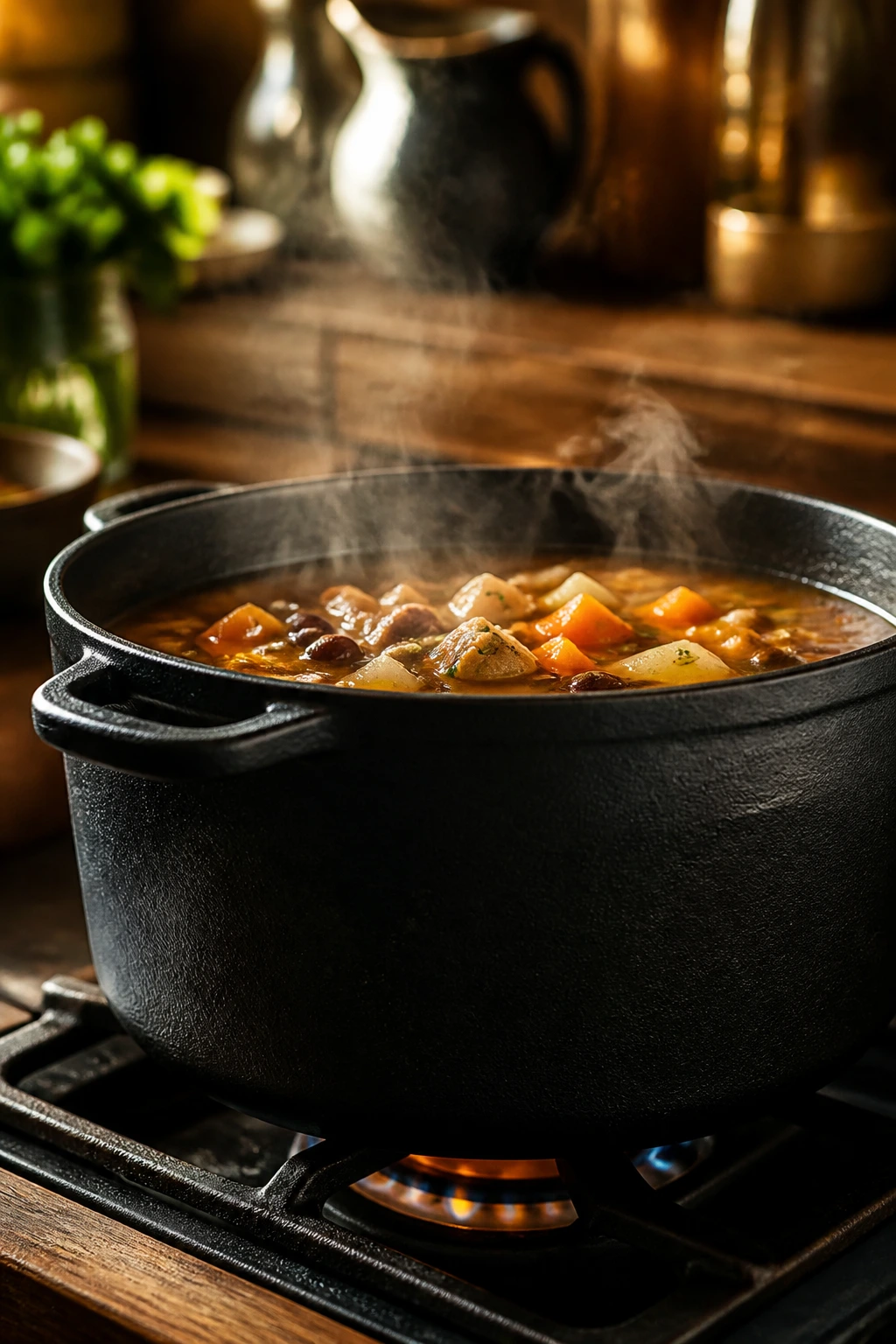 Close-up of a steaming cast-iron soup pot on a stove in a cozy kitchen