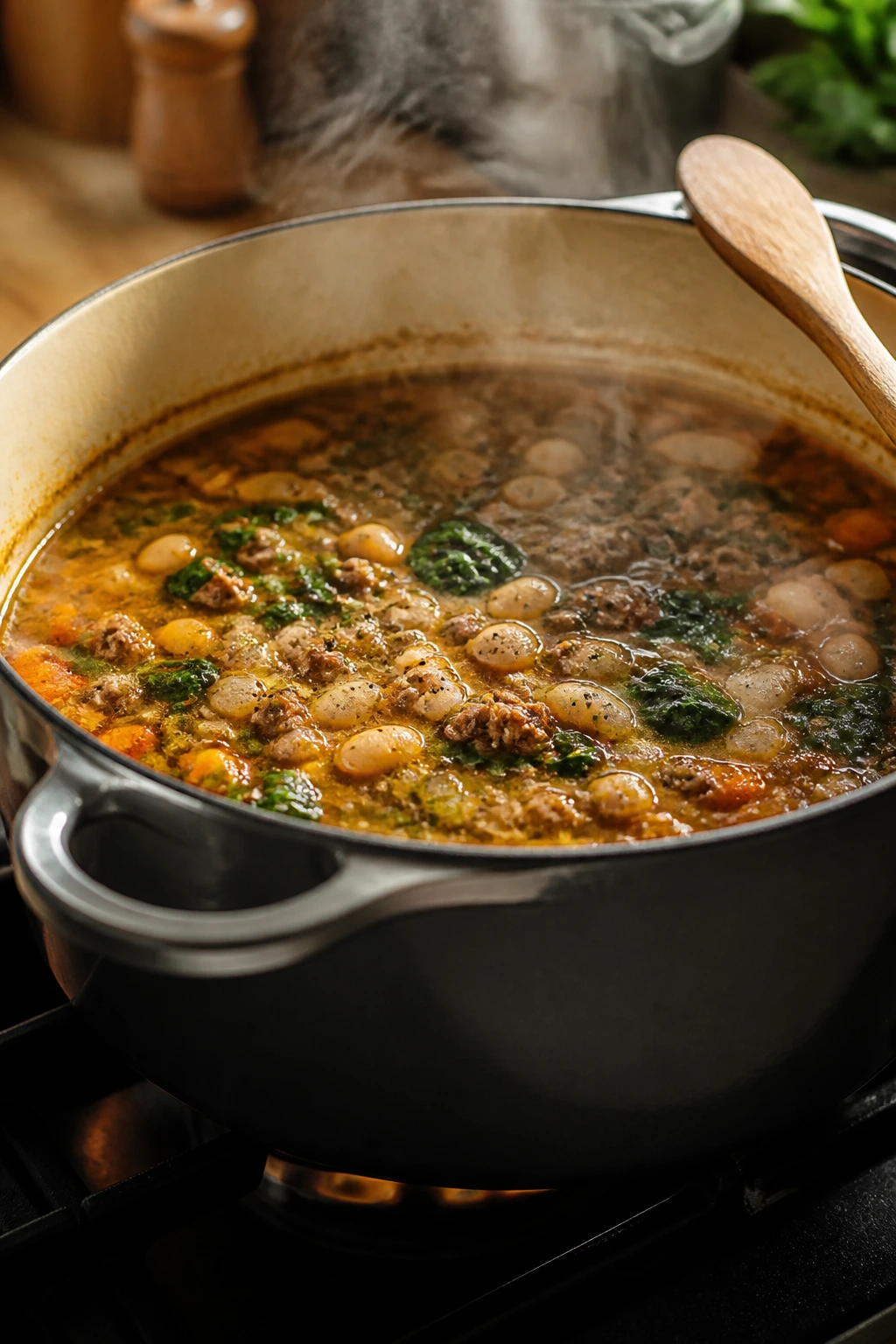Close-up of a simmering sausage soup pot on a stove