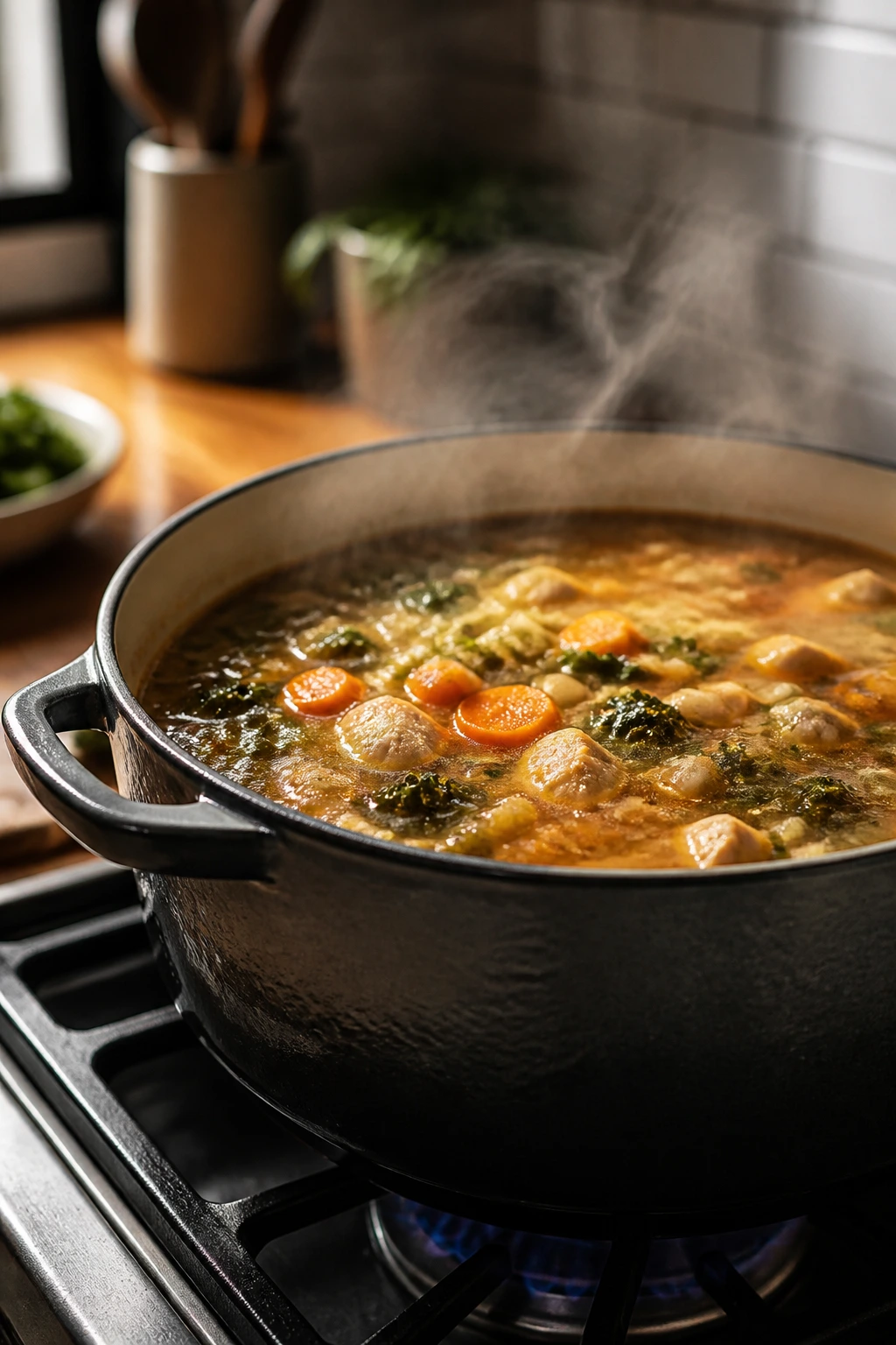 Steaming soup pot on stove ready for weeknight dinner