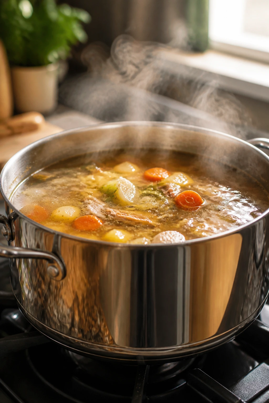 Steaming pot of soup on stove in a cozy kitchen, close-up of warm-ahead reheating concept