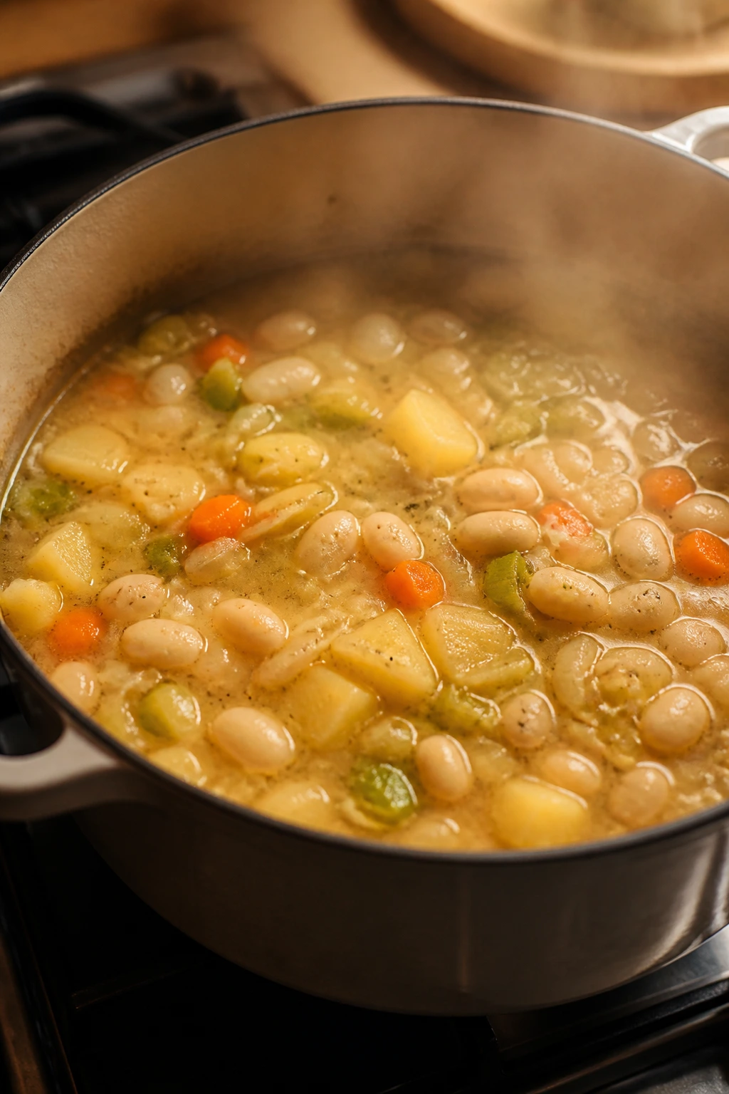 Pot on the stove with vegetables in broth, steam rising, kitchen setting
