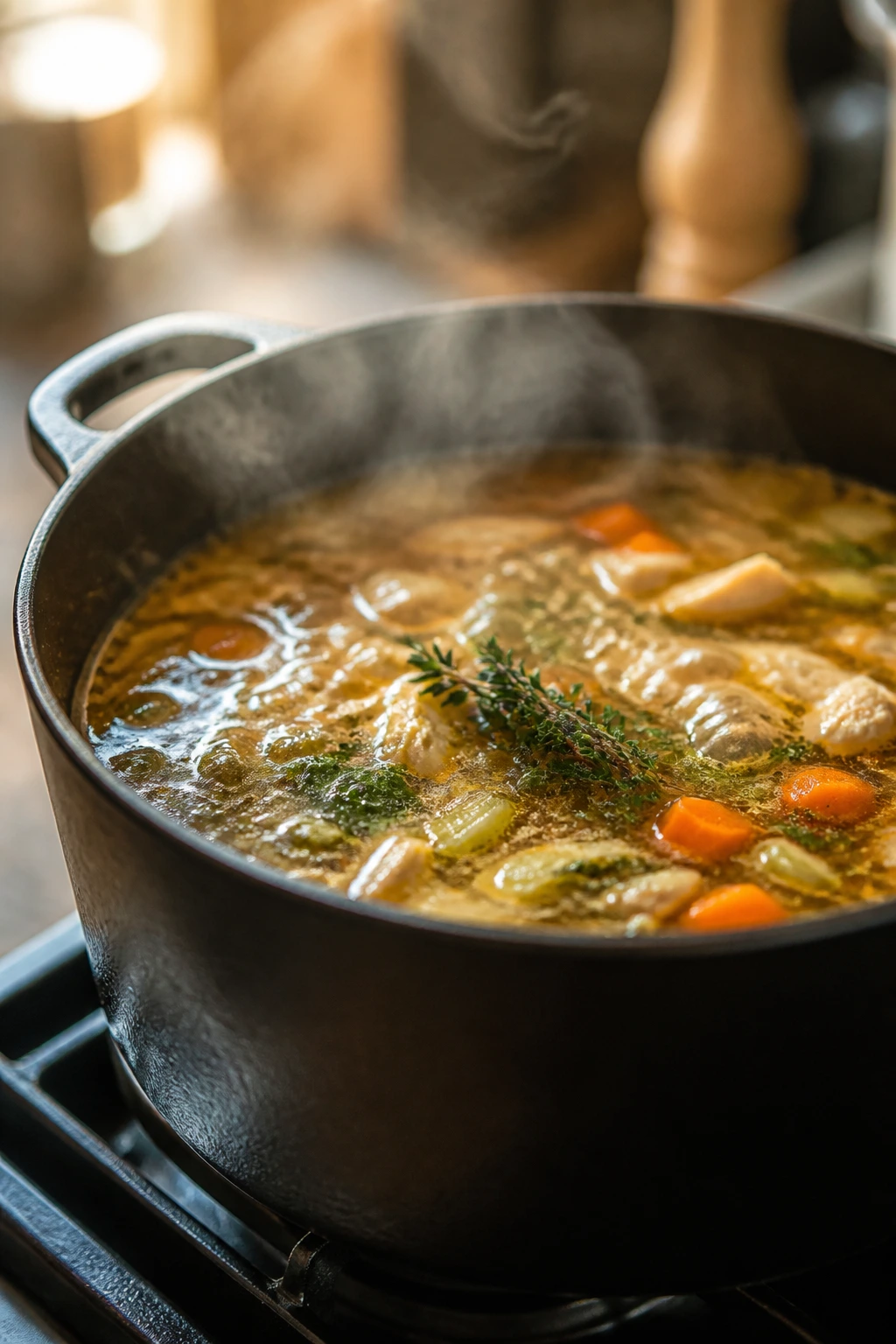 Steam rising from a bubbling Sunday soup pot on a stove