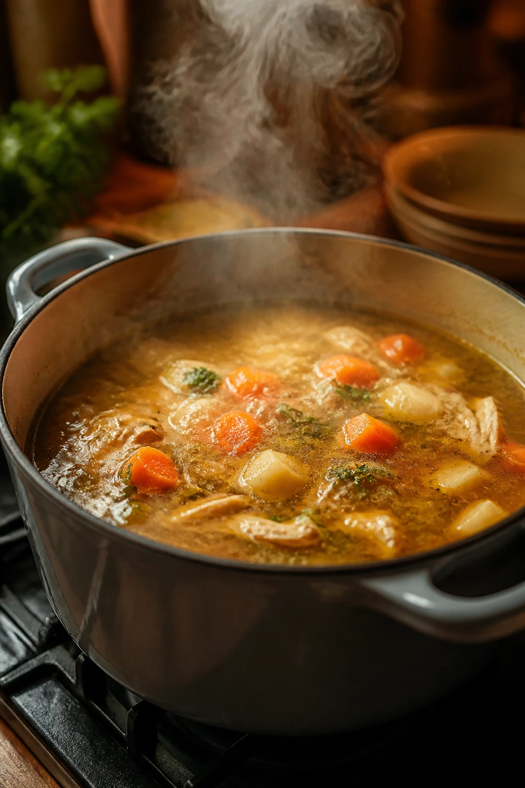 Steaming Sunday soup pot on a stove