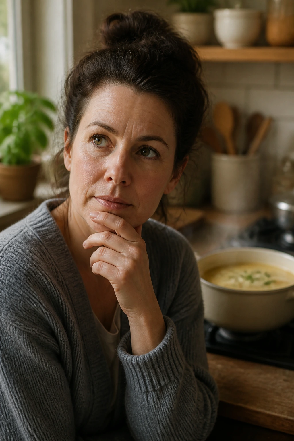 Real person thinking about making potato soup in a kitchen