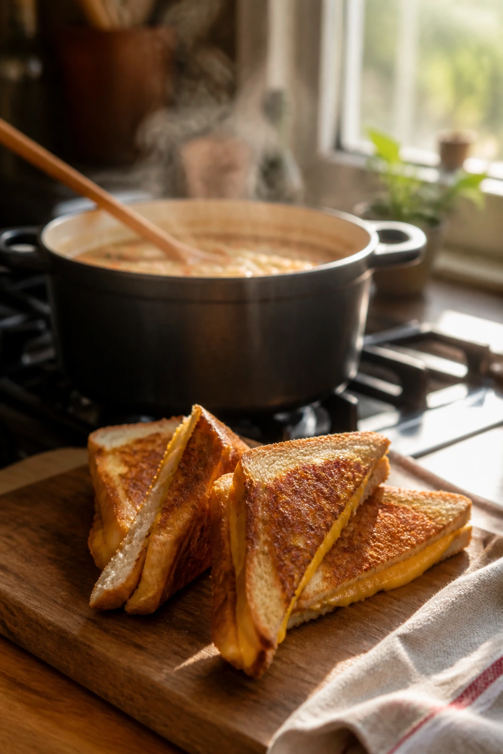Cozy kitchen scene with simmering soup and grilled cheese triangles on a cutting board