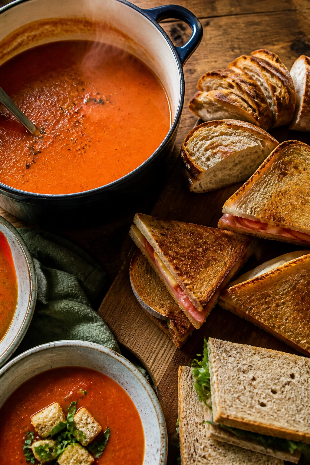 Cozy soup-and-sandwich spread on a wooden table.