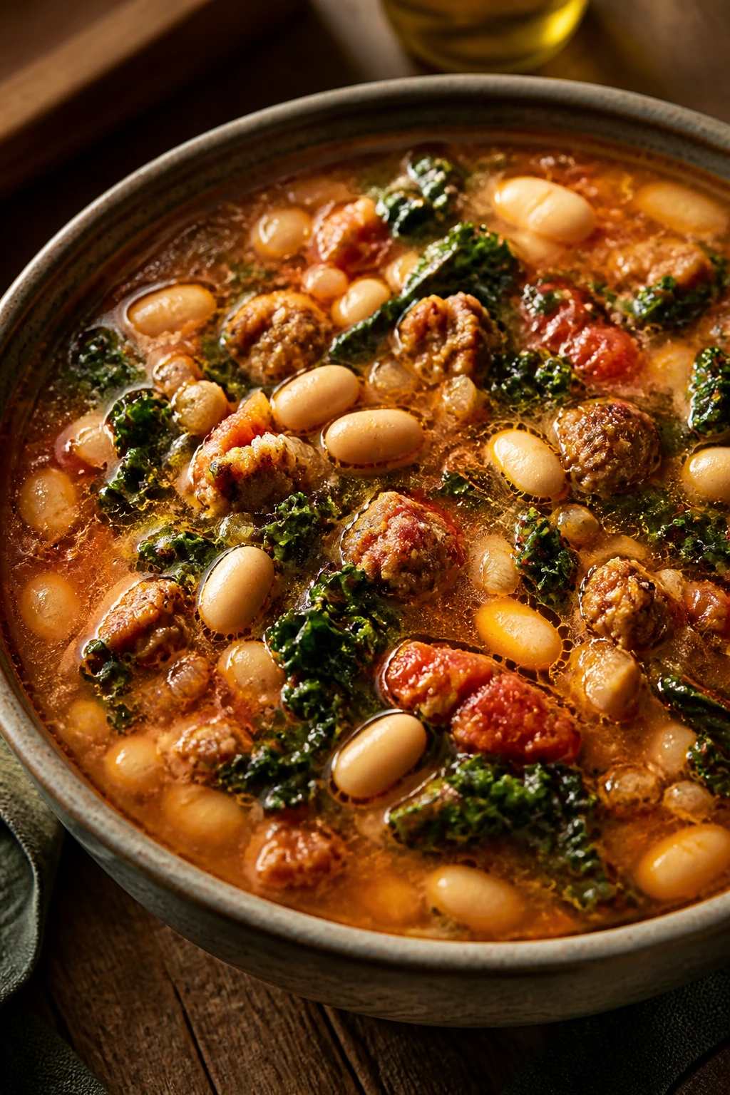Close-up of Tuscan sausage and white bean soup in a rustic kitchen bowl with beans, sausage, and kale