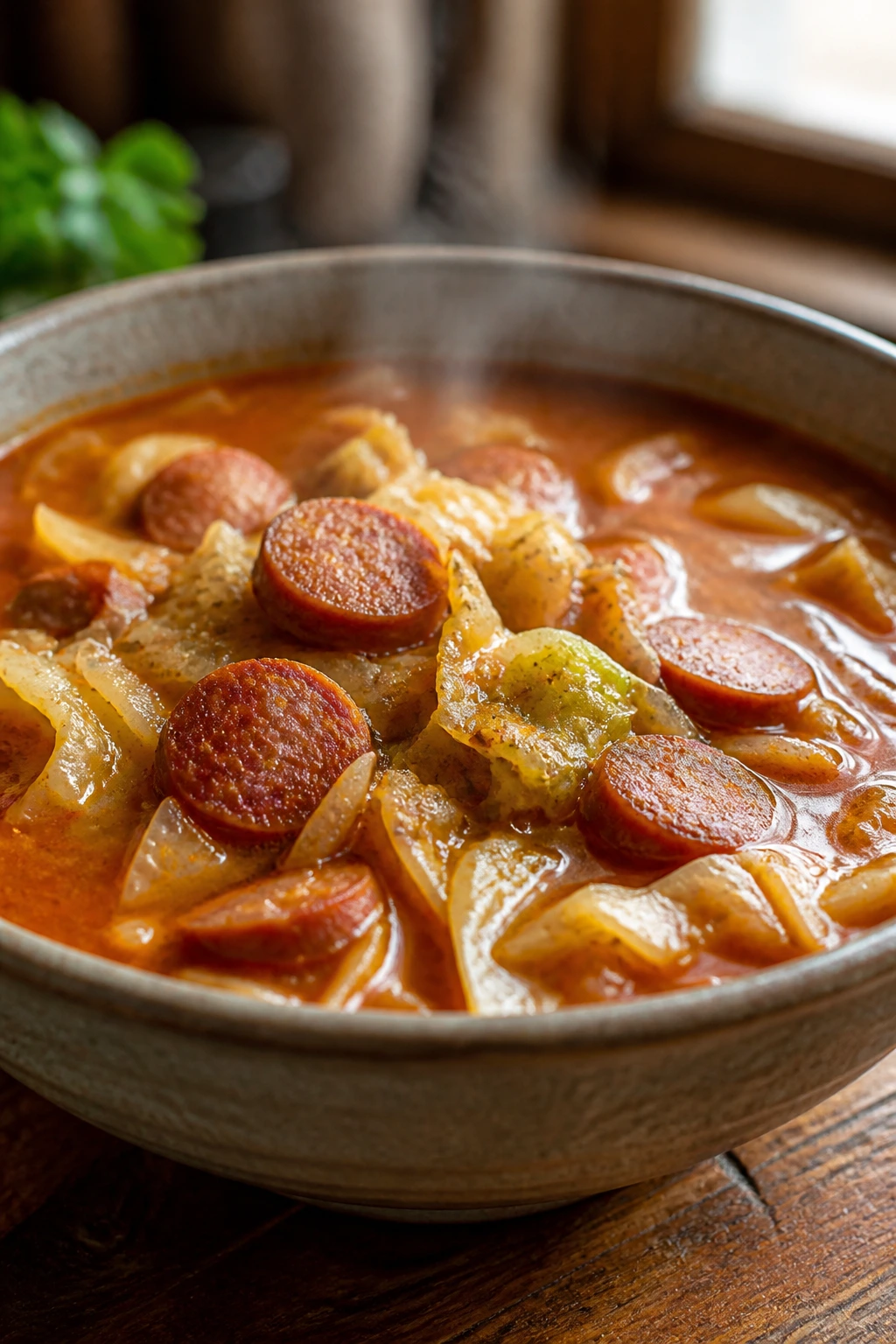 Close-up of steaming sausage and cabbage soup in a bowl with paprika