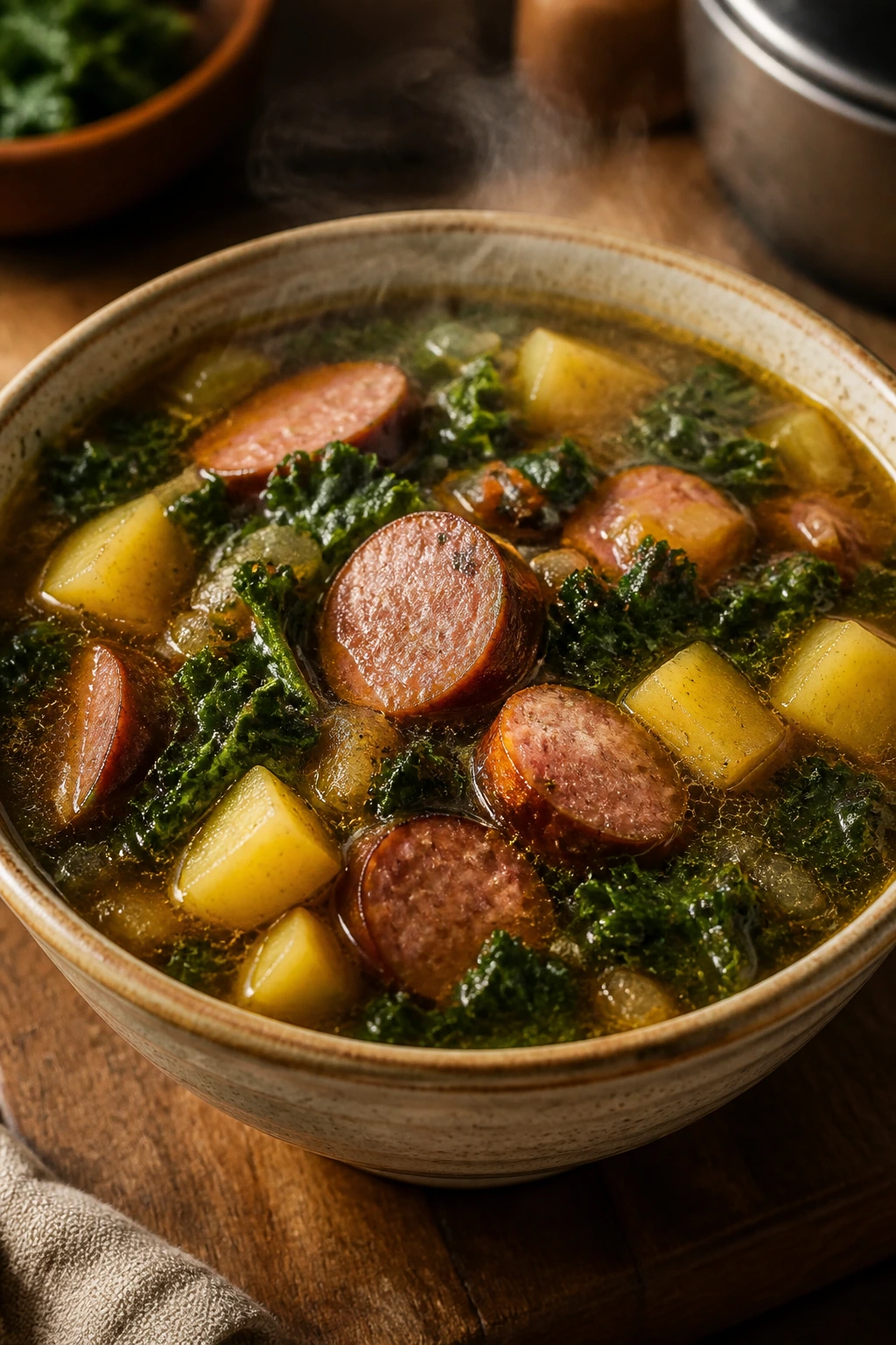 Close-up of sausage potato kale soup in a bowl on a rustic wooden table