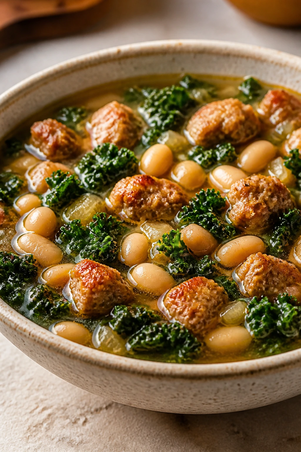 Steaming bowl of sausage, white bean, and kale soup with sausage chunks