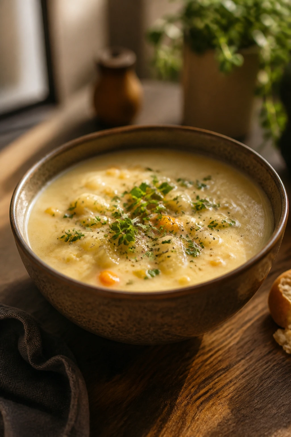 Close-up of a steaming soup bowl with garnish on a wooden table