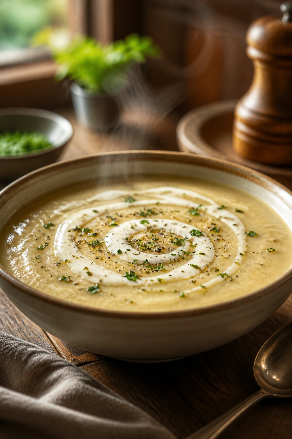 Creamy soup in a wide bowl with cream swirl