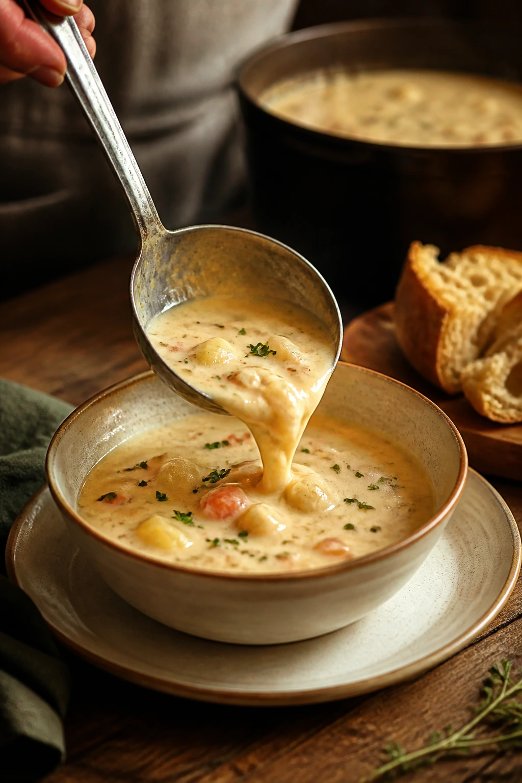 Close-up of hand pouring creamy soup into a warm bowl with bread in background