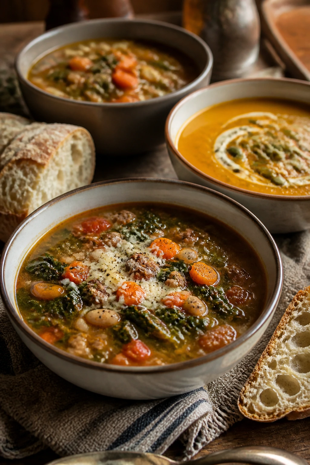 Bowls of soup with crusty bread on a warm dining table.