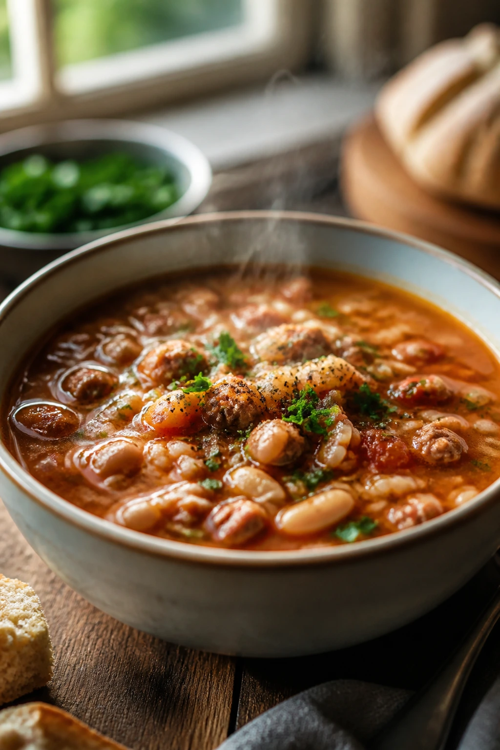 Close-up of a sausage soup bowl with fresh garnish on a rustic table.