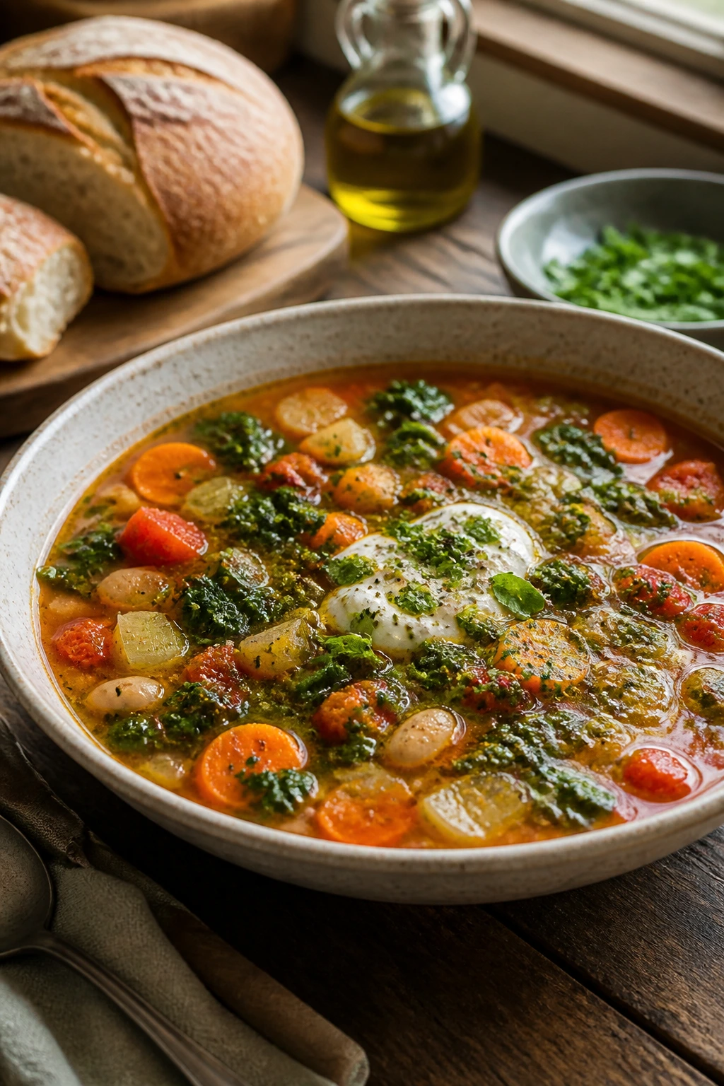 Close-up of a vibrant soup in a wide shallow bowl with olive oil drizzle and herbs on a rustic table