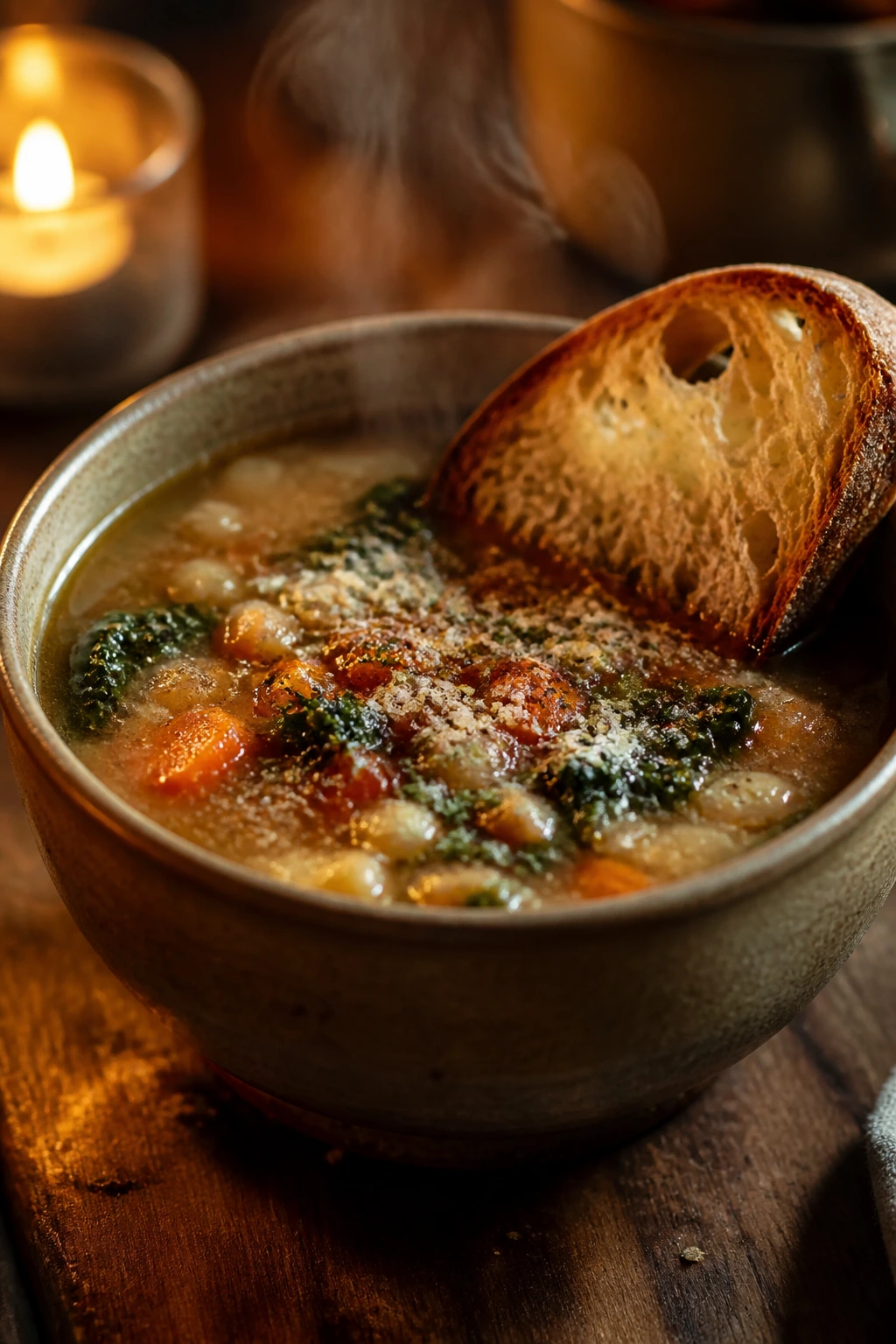 Steaming soup bowl served with bread on wooden table