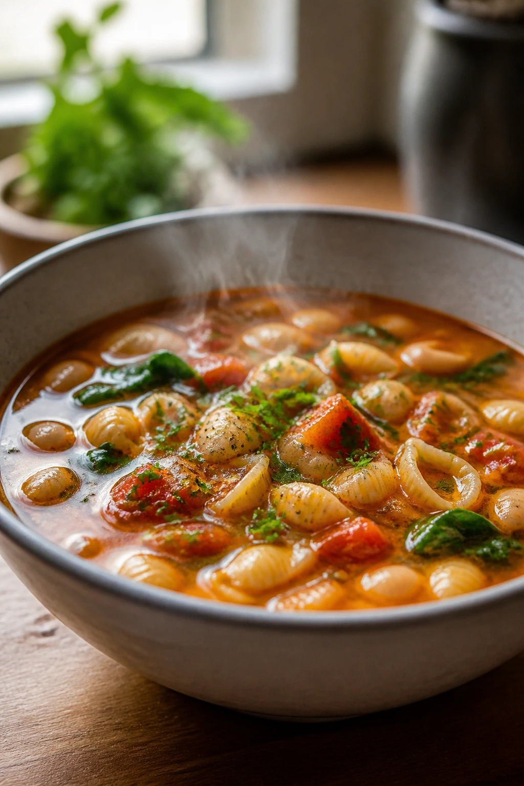 Close-up of a steaming bowl of soup showing serving ideas