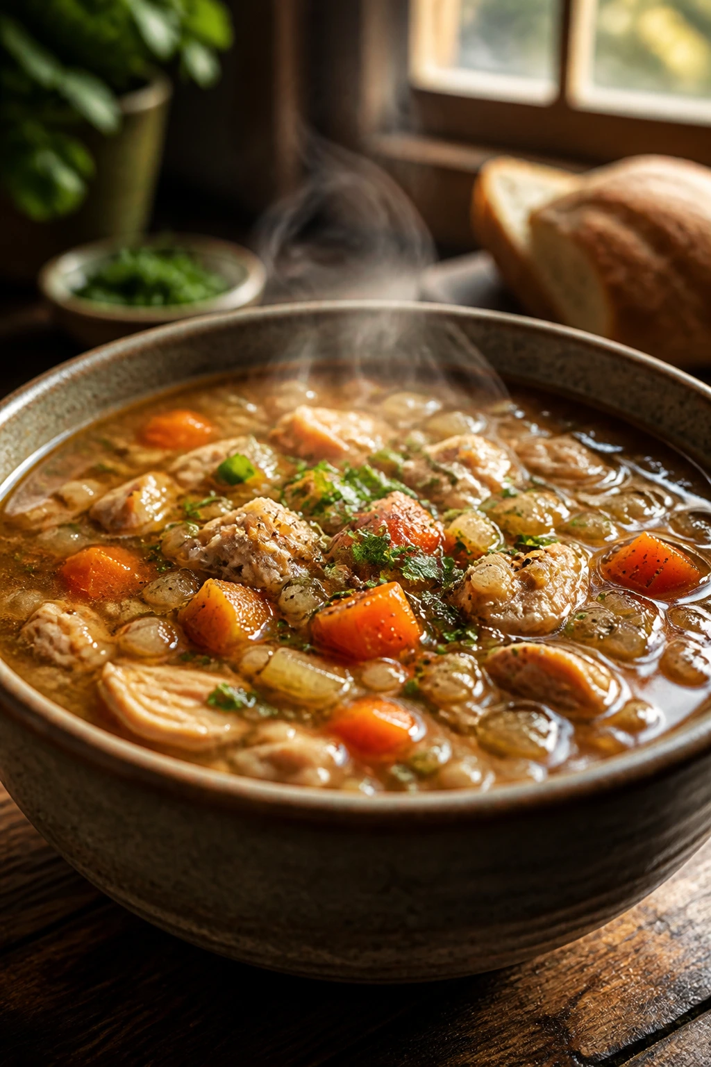 Steaming soup in a rustic kitchen served in a wide bowl with herbs