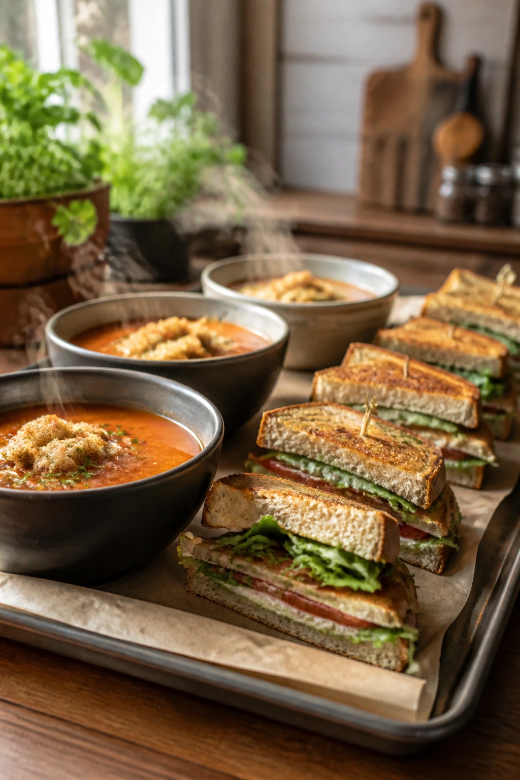 Close up of steaming soup bowls and sandwich halves arranged for serving in a warm kitchen