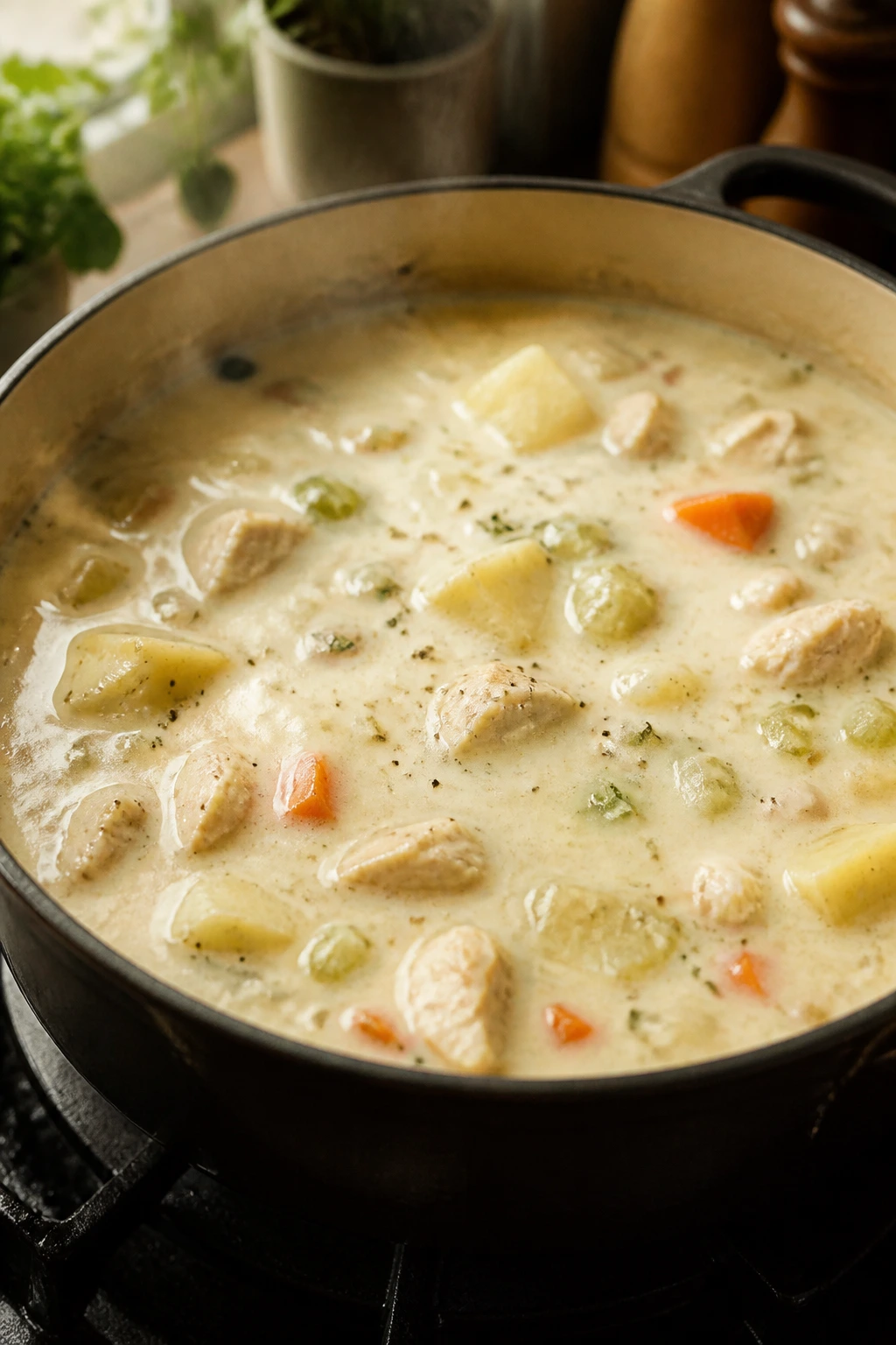 Creamy soup in a pot simmering on the stove with visible chunks.