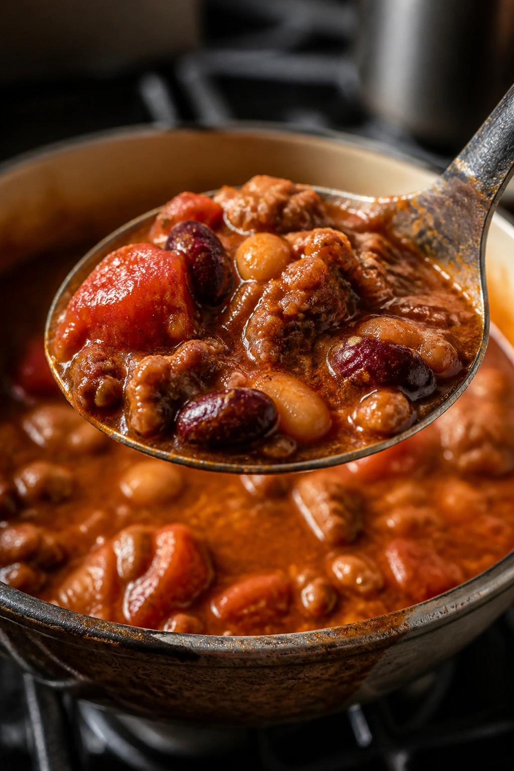 Close-up of thick soup with beans and meat showing stew or chili texture in a spoon.